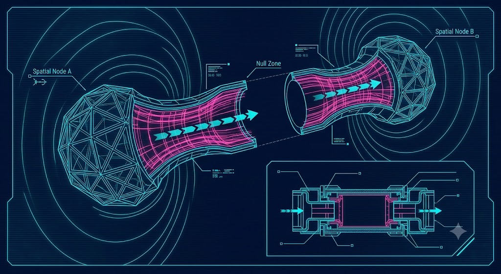Doc-Door技術設計図|空間転移の原理 Doc-Doorの空間接続原理を示す技術設計図。2点間のワームホール構造と存在の空白ゾーン。