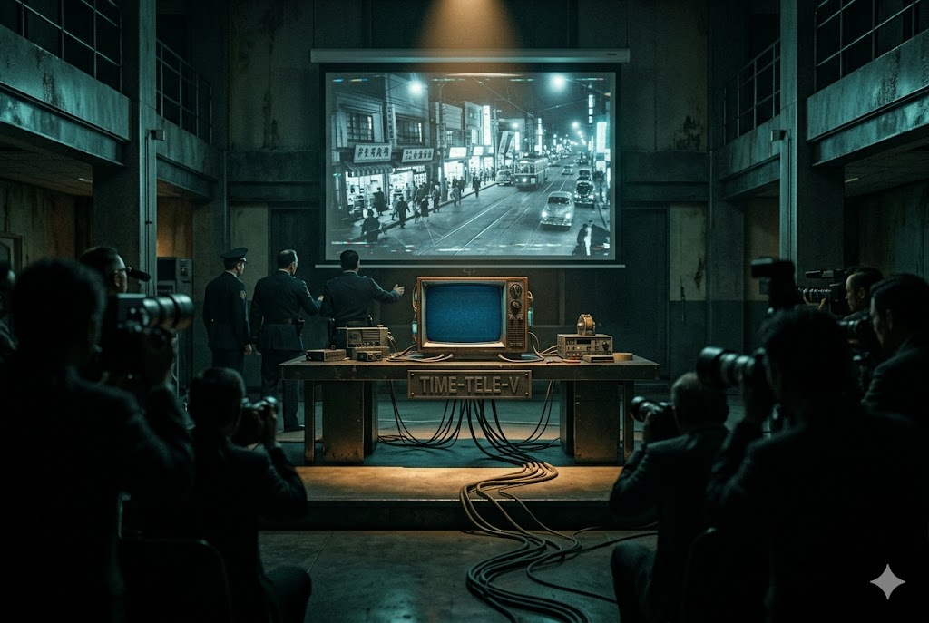 都市のあらゆる場所で、Time-Tele-Vのモニターが隣人の私生活を映し出し、相互不信に陥った人々が混乱する街の風景。