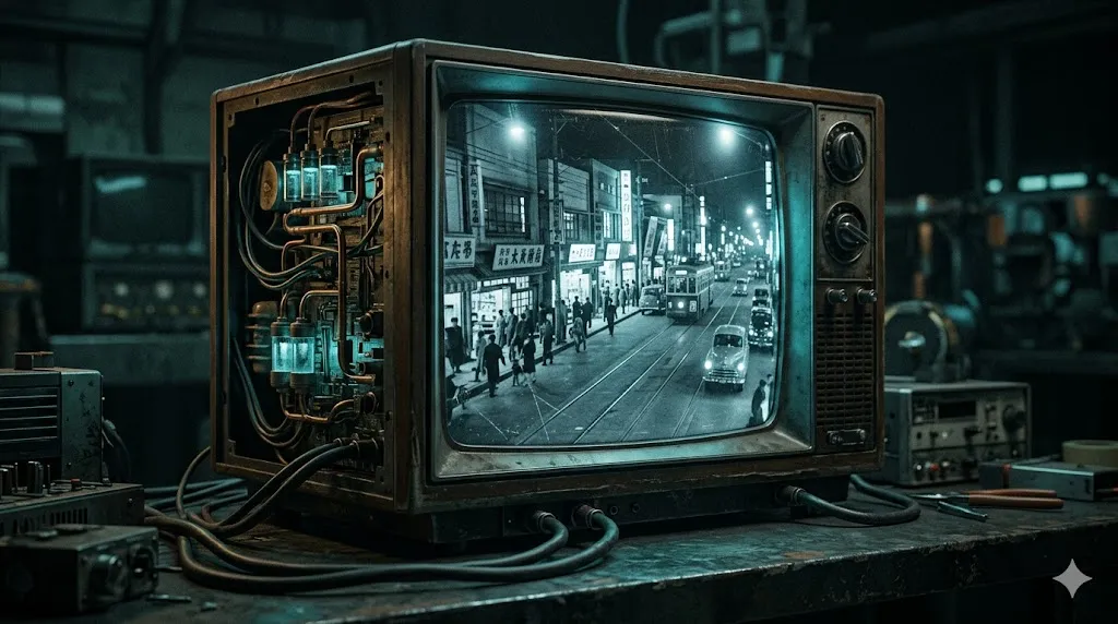 1970年代のブラウン管テレビを、むき出しの量子回路と高密度ケーブルで改造した、時間軸映像受信装置Time-Tele-V。画面には1950年代の東京の街並みが、超高精細なモノクロ映像で映し出されている。