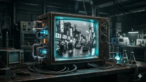 > 1970年代のブラウン管テレビを、むき出しの量子回路と高密度ケーブルで改造した、時間軸映像受信装置Time-Tele-V。画面には1950年代の東京の街並みが、超高精細なモノクロ映像で映し出されている。