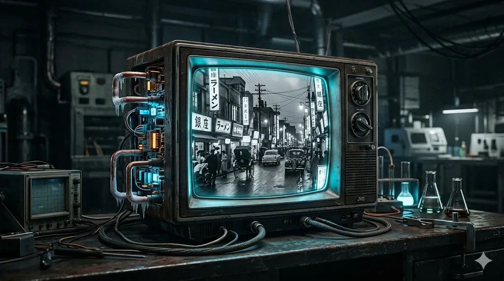 > 1970年代のブラウン管テレビを、むき出しの量子回路と高密度ケーブルで改造した、時間軸映像受信装置Time-Tele-V。画面には1950年代の東京の街並みが、超高精細なモノクロ映像で映し出されている。