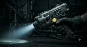 重厚な金属製の照射デバイスSmall-Lite。 　　　　　　　縮小技術の象徴として冷たい光を放つ。