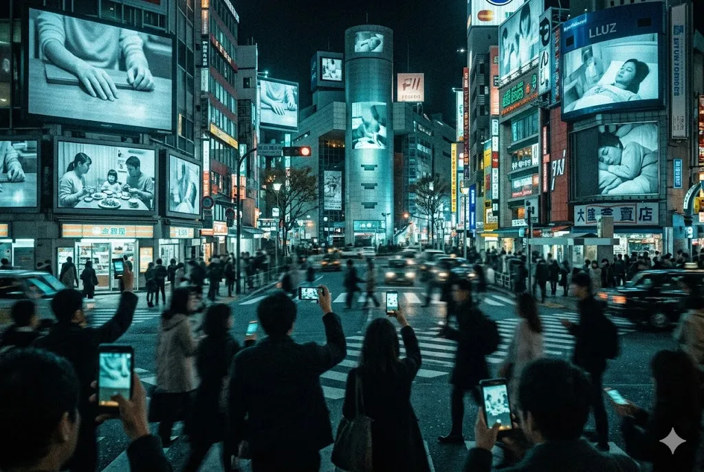 都市のあらゆる場所で、Time-Tele-Vのモニターが隣人の私生活を映し出し、相互不信に陥った人々が混乱する街の風景。
