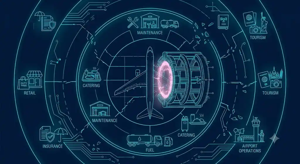 Doc-Door航空経済圏崩壊の構造図 Doc-Doorの空間転移技術が航空経済圏に与えた構造的影響を示すブループリント風スペック図。需要消滅と連鎖崩壊の構造を図解。