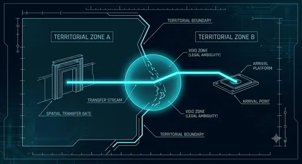 Doc-Door国境転移・法的管轄図解 Doc-Door国境転移における法的管轄の空白を示す技術図解。A国からB国への瞬間転移と、どの国の法律も適用されない空白ゾーンの構造図。