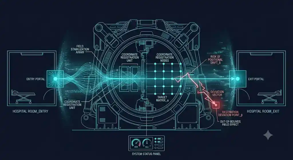 Doc-Door緊急搬送システム・技術図解 Doc-Door空間転移システムの技術図解。転移元と転移先の座標登録、エネルギーフロー、座標精度のズレリスクを示す設計図。