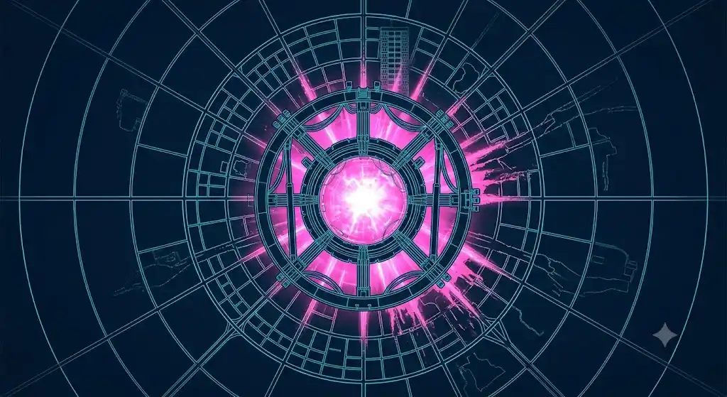 Doc-Door立地価値無効化の構造図 Doc-Doorの空間転移技術が不動産市場の立地価値を無効化する構造を示すブループリント風スペック図。都市の価格地図が消えていく図解。