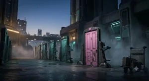 Doc-Doorが普及した都市の早朝。どこへでも行けるはずの街に霧が漂い、人影がない。旅行文化の喪失を象徴するシミュレーション画像。