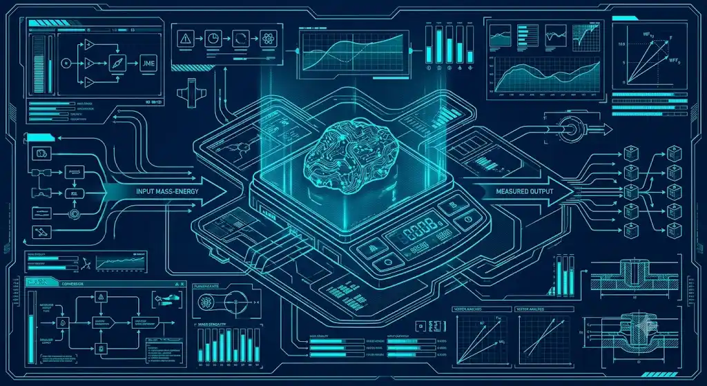 手のひらサイズの模型を体重計に乗せると60キログラムを示す、質量保存の法則を視覚化した図解