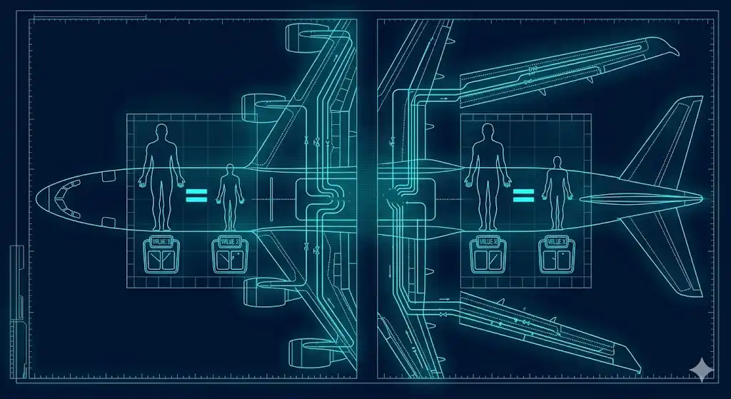 質量保存の法則を示す航空機のブループリント図解、縮小前後で変わらない総重量