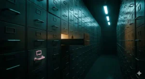 縮小保険という新産業の象徴的なビジュアル、Small-Lite社会の保険契約をイメージしたダークなSF風画像
