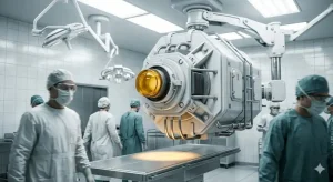 Small-Lite縮小手術が導入された手術室。無機質な白い空間に重厚な照射装置が置かれている