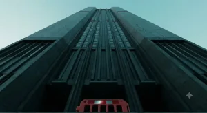 Big-Lite工法で一晩にして完成した超高層ビル群。巨大すぎる建築物が都市の空を圧迫し、亀裂の予兆が走る。