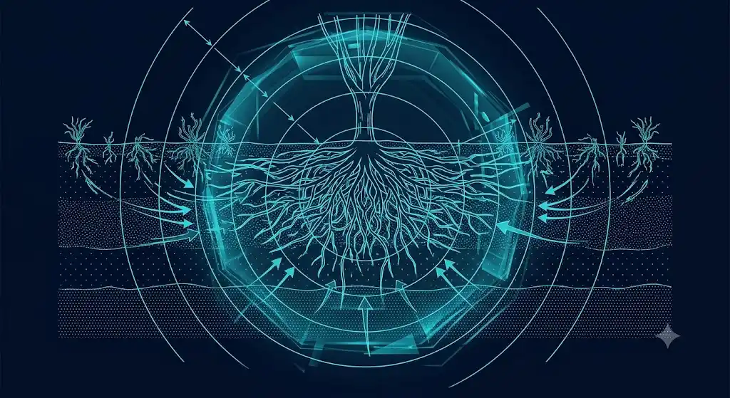 Big-Lite生態系影響・スペック図解 Big-Lite照射による植物根系の拡大と周辺生態系への影響を示す技術図解。在来種消失領域と水分養分フローを図示。