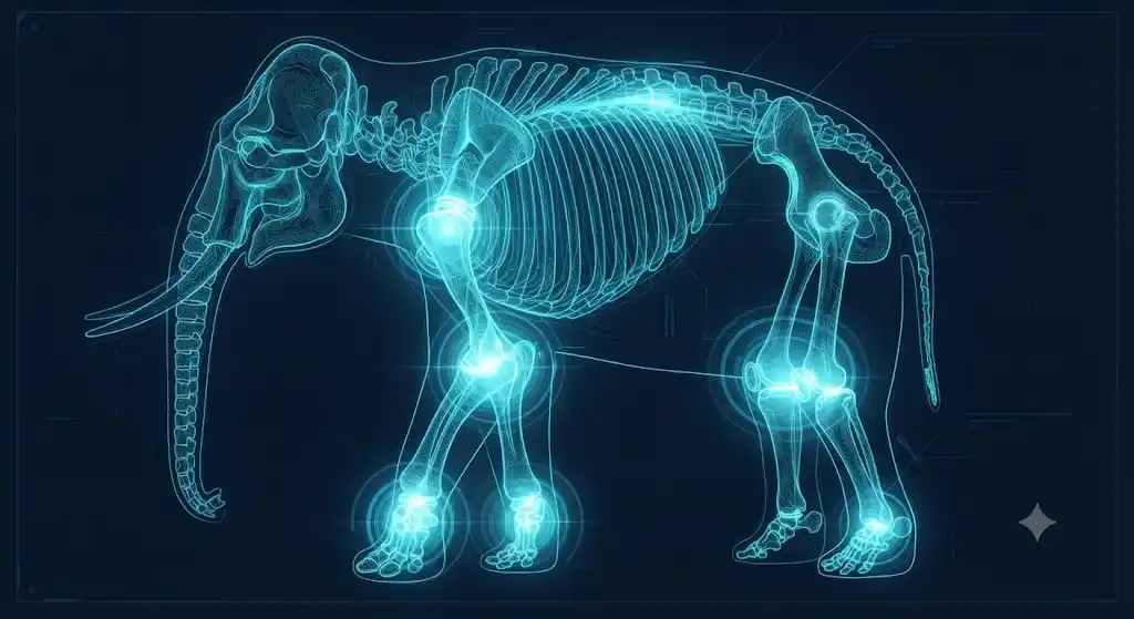 ビッグライトのスペック図解 巨大化した動物の骨格と質量保存の関係を示す技術図解