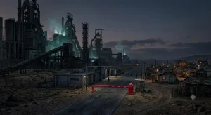 国境を挟んで対峙する巨大化した設備と取り残された小国の風景、技術格差