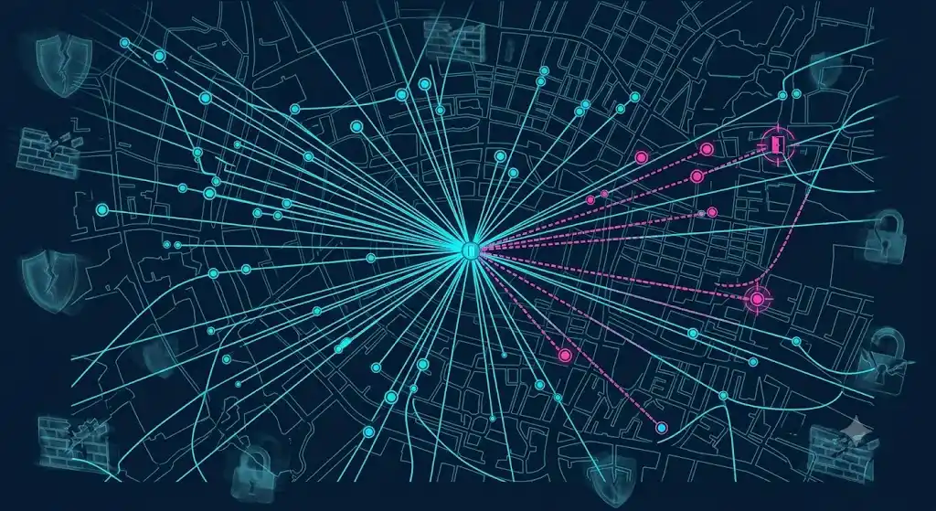 Doc-Door位置追跡・保護空白の技術図解 逃げる自由を人権として定める法案をめぐり紛糾する暗い国会議場。ショッキングピンクの光が差し込む中、出口のない議論が続いている様子を示すシミュレーション画像。