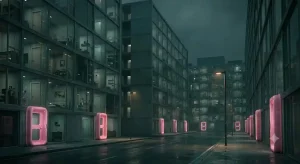 透明なガラスで覆われたような現代の住宅街。どの家の壁にも、おもちゃのような光沢のあるピンクのDoc-Door枠が取り付けられている