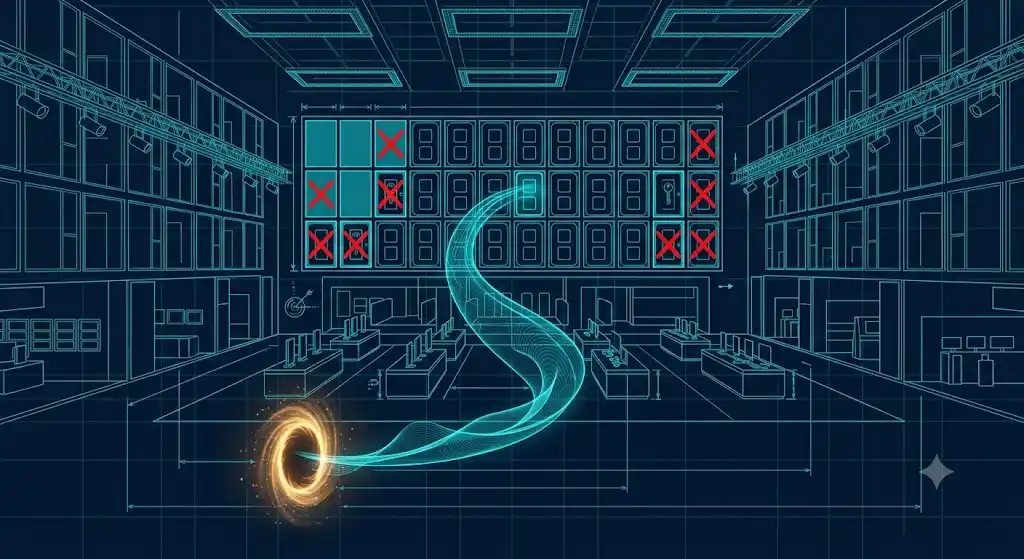 Doc-Door|プライバシー侵害の空間転移図解 Doc-Doorのプライバシー侵害構造を示す技術図解。壁と鍵を迂回して直接内部空間へ接続される空間転移経路がシアンのラインで描かれている