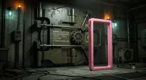 Doc-Doorが無効化した安全保障体制——核シェルターの重厚な鉄扉の横に、おもちゃのような光沢をもつピンクの枠が立っている