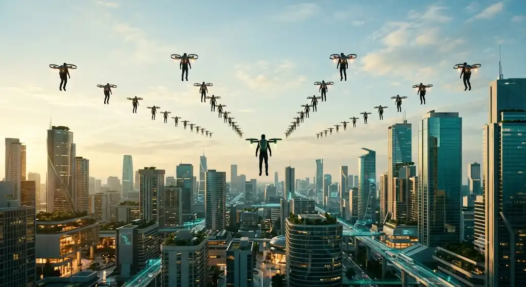 タケコプター 実現不可能をテーマにした空を飛ぶ通勤者たちのシミュレーション画像