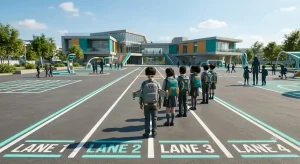小学校の校庭でTake-Copta安全講習を受ける子どもたちの後ろ姿