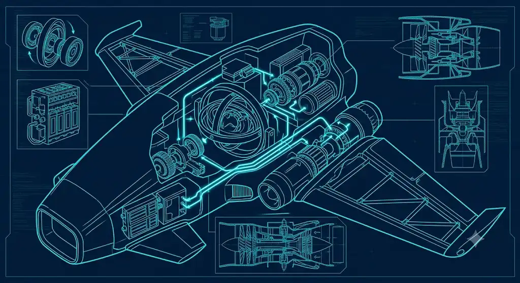 姿勢を自動補正する仕組み Take-Coptaの飛行安全システムを図解したブループリント風イラスト