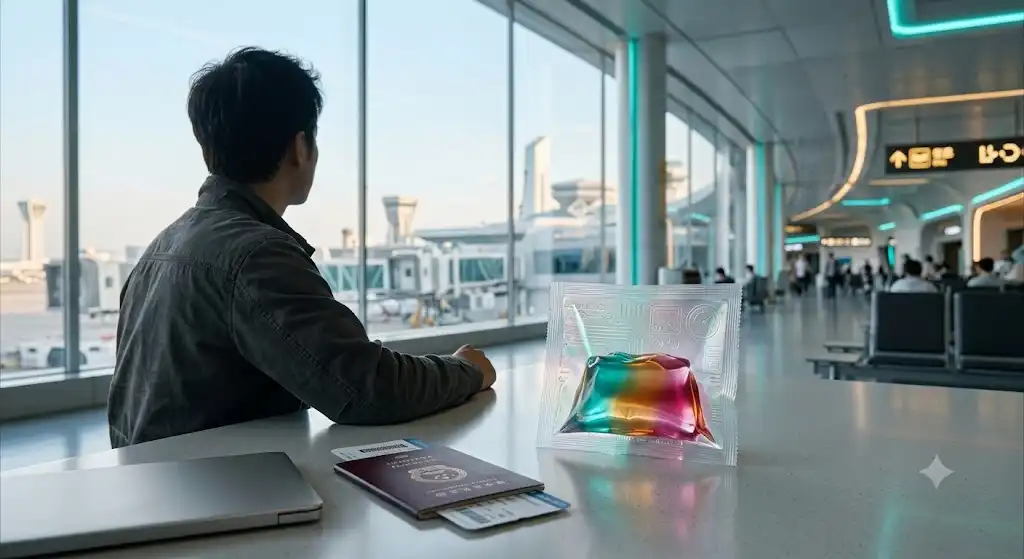 ほんやくコンニャクを手に旅立つ準備をする旅行者、翻訳こんにゃく 現実