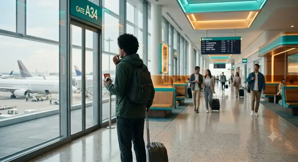 翻訳準備がいらなくなった旅行者たち 空港ロビーでほんやくコンニャクを取り出す旅行者の後ろ姿