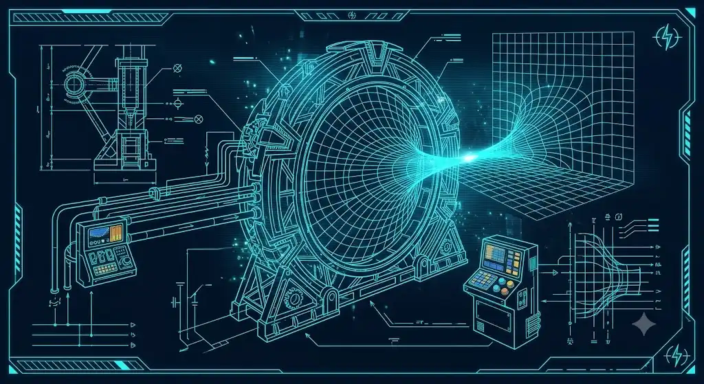 空間短絡装置の物理構造と境界透過モデルを示したホログラフィック技術図面